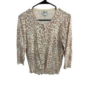 Chaus Leopard Print Button Front Cardigan Sweater Beige Small Angora Rabbit Hair